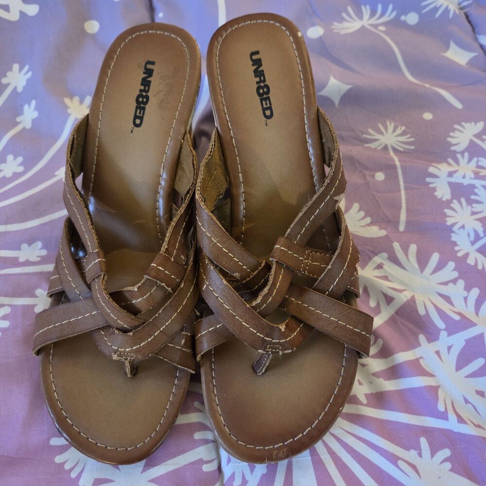 UNR8ED Brown Crisscross Cork Wedges Sandals Slip On Size 8M Platform Summer...